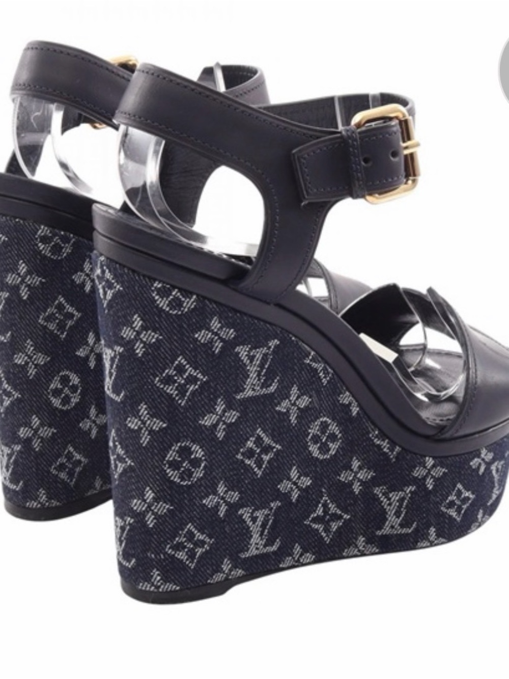 Louis Vuitton Navy Monogram Canvas Wedge Sandals with Black Leather Straps
